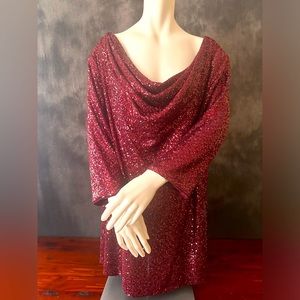 ALEX EVENING 2X Wine Burgundy Sequin Cowl Neck Tunic Top.  NWOT